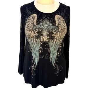 Vocal Long Sleeve Tee Shirt Womens L Fits to 1X Angel Wing Fleur-de-lis Beaded